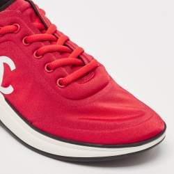 Pre Owned Chanel Red Nylon CC Lace Up Sneakers Size 39.5