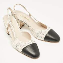 Chanel White/Black Canvas and Fabric CC Slingback Block Heel Pumps Size 38