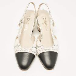 Chanel White/Black Canvas and Fabric CC Slingback Block Heel Pumps Size 38