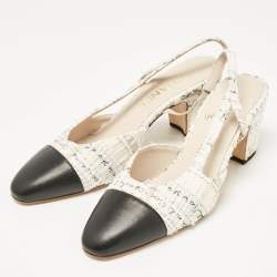 Chanel White/Black Canvas and Fabric CC Slingback Block Heel Pumps Size 38