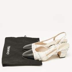 Chanel White/Black Canvas and Fabric CC Slingback Block Heel Pumps Size 38