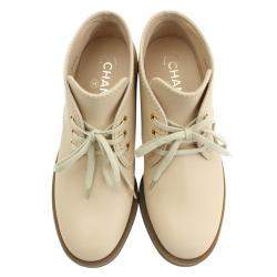 Chanel Beige Leather Lace Up Ankle Boots Size 37.5
