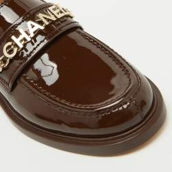 Pre Owned Chanel Brown Patent Leather Interlocking CC Logo Slip On Loafers Size 38.5