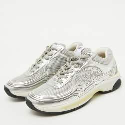 Pre Owned Chanel Silver/Grey Leather and Mesh CC Low Top Sneakers Size 38