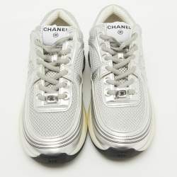 Pre Owned Chanel Silver/Grey Leather and Mesh CC Low Top Sneakers Size 38