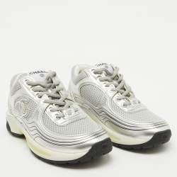 Pre Owned Chanel Silver/Grey Leather and Mesh CC Low Top Sneakers Size 38
