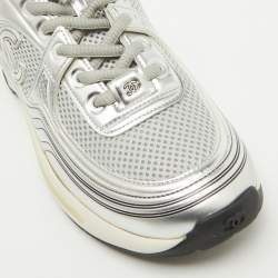 Pre Owned Chanel Silver/Grey Leather and Mesh CC Low Top Sneakers Size 38