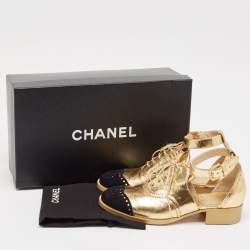 Chanel Gold/Black Leather and Suede CC Ankle Strap Oxford Sandals Size 36