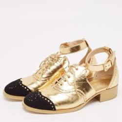 Chanel Gold/Black Leather and Suede CC Ankle Strap Oxford Sandals Size 36
