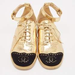 Chanel Gold/Black Leather and Suede CC Ankle Strap Oxford Sandals Size 36