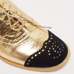 Chanel Gold/Black Leather and Suede CC Ankle Strap Oxford Sandals Size 36