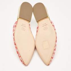 Pre Owned Chanel Red/Pink Sequin and Tweed Ankle Wrap Flat Mules Size 36.5