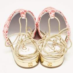 Pre Owned Chanel Red/Pink Sequin and Tweed Ankle Wrap Flat Mules Size 36.5