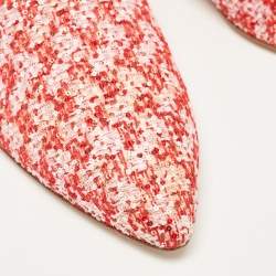 Pre Owned Chanel Red/Pink Sequin and Tweed Ankle Wrap Flat Mules Size 36.5