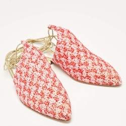 Pre Owned Chanel Red/Pink Sequin and Tweed Ankle Wrap Flat Mules Size 36.5