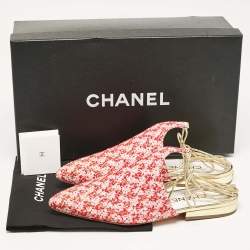 Pre Owned Chanel Red/Pink Sequin and Tweed Ankle Wrap Flat Mules Size 36.5