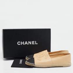 Pre Owned Chanel Beige/Black Leather  CC Cap Toe Espadrille Flats Size 38