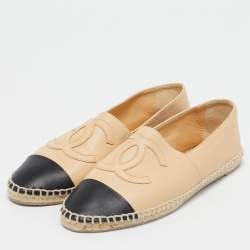 Pre Owned Chanel Beige/Black Leather  CC Cap Toe Espadrille Flats Size 38