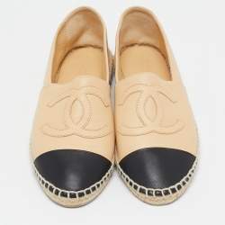 Pre Owned Chanel Beige/Black Leather  CC Cap Toe Espadrille Flats Size 38