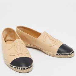 Pre Owned Chanel Beige/Black Leather  CC Cap Toe Espadrille Flats Size 38