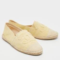 Pre Owned Chanel Yellow/Beige Canvas CC Cap Toe Espadrille Flats Size 37
