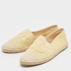 Pre Owned Chanel Yellow/Beige Canvas CC Cap Toe Espadrille Flats Size 37