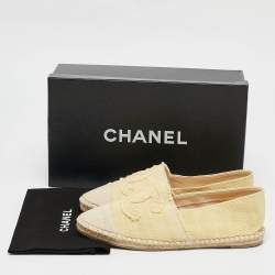Pre Owned Chanel Yellow/Beige Canvas CC Cap Toe Espadrille Flats Size 37