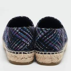Pre Owned Chanel Navy Blue Tweed and Leather CC Cap Toe Espadrille Flats Size 41