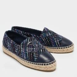 Pre Owned Chanel Navy Blue Tweed and Leather CC Cap Toe Espadrille Flats Size 41