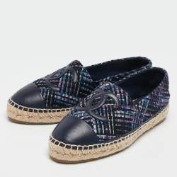 Pre Owned Chanel Navy Blue Tweed and Leather CC Cap Toe Espadrille Flats Size 41