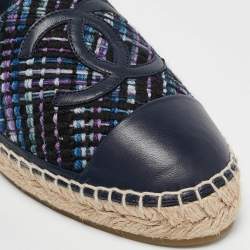 Pre Owned Chanel Navy Blue Tweed and Leather CC Cap Toe Espadrille Flats Size 41