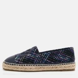 Pre Owned Chanel Navy Blue Tweed and Leather CC Cap Toe Espadrille Flats Size 41