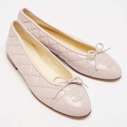 Pre Owned Chanel Beige Leather CC Cap Toe  Ballet Flats Size 39