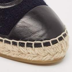 Pre Owned Chanel Navy Blue/Black Leather and Tweed CC Espadrille Flats Size 36