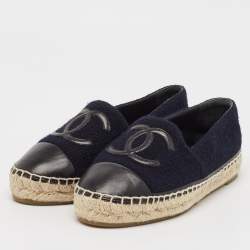 Pre Owned Chanel Navy Blue/Black Leather and Tweed CC Espadrille Flats Size 36