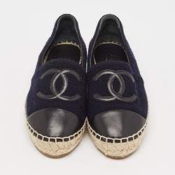 Pre Owned Chanel Navy Blue/Black Leather and Tweed CC Espadrille Flats Size 36