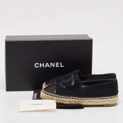 Pre Owned Chanel Navy Blue/Black Leather and Tweed CC Espadrille Flats Size 36