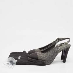 Chanel Grey Glitter CC Cap Toe Slingback Platform Sandals Size 40