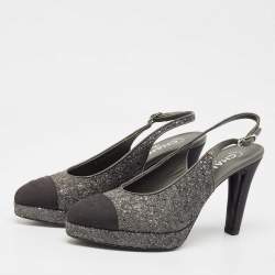 Chanel Grey Glitter CC Cap Toe Slingback Platform Sandals Size 40