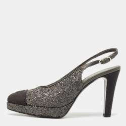 Chanel Grey Glitter CC Cap Toe Slingback Platform Sandals Size 40