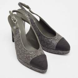 Chanel Grey Glitter CC Cap Toe Slingback Platform Sandals Size 40