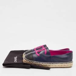 Pre Owned Chanel Black/Navy Blue Leather CC Cap Toe Espadrille Flats Size 36