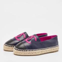 Pre Owned Chanel Black/Navy Blue Leather CC Cap Toe Espadrille Flats Size 36