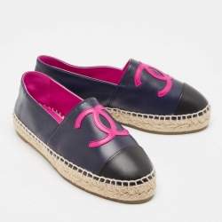 Pre Owned Chanel Black/Navy Blue Leather CC Cap Toe Espadrille Flats Size 36