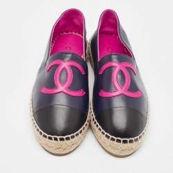 Pre Owned Chanel Black/Navy Blue Leather CC Cap Toe Espadrille Flats Size 36