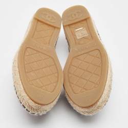 Pre Owned Chanel Black/Navy Blue Leather CC Cap Toe Espadrille Flats Size 36
