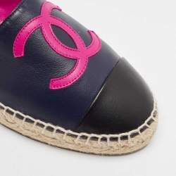 Pre Owned Chanel Black/Navy Blue Leather CC Cap Toe Espadrille Flats Size 36