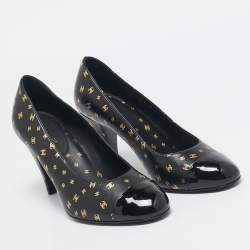 Chanel Black Patent and Leather CC Cap Toe Pumps Size 37.5