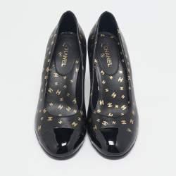 Chanel Black Patent and Leather CC Cap Toe Pumps Size 37.5