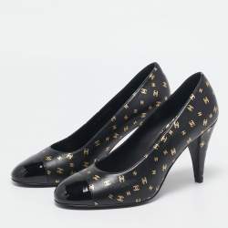 Chanel Black Patent and Leather CC Cap Toe Pumps Size 37.5